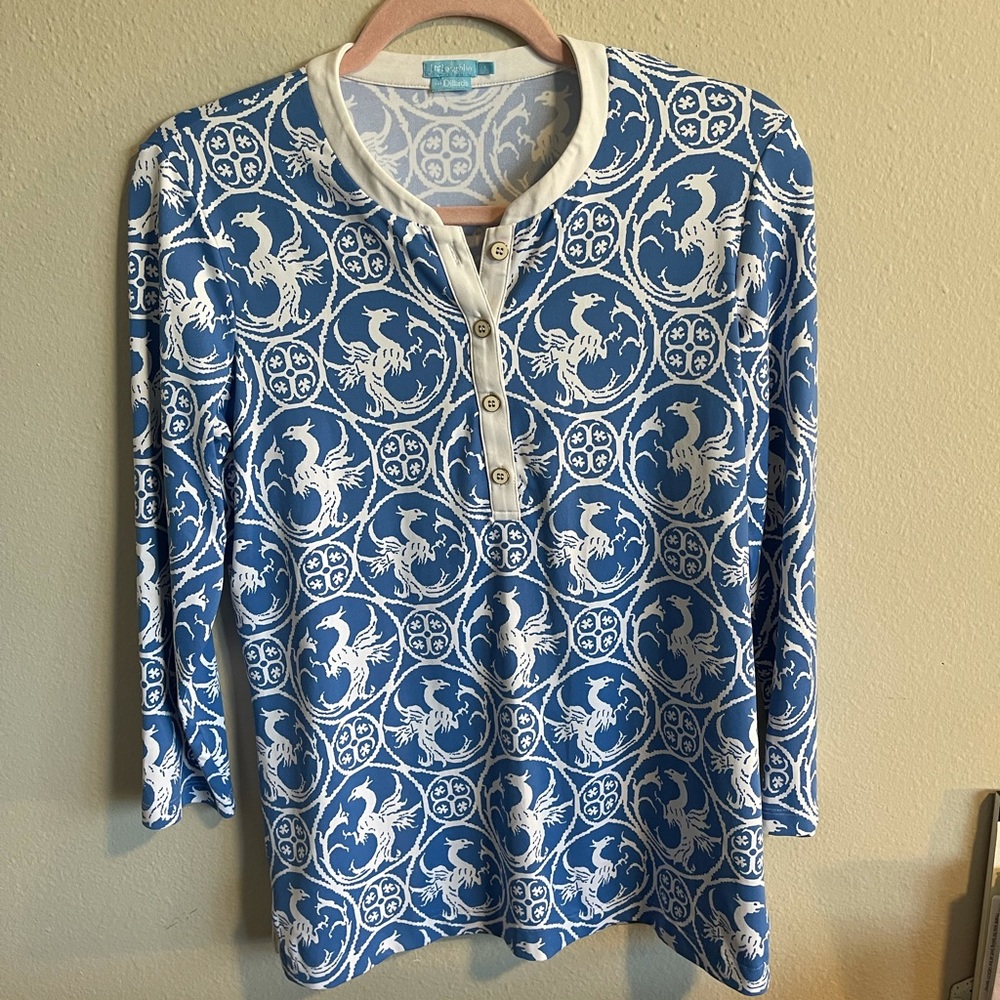 J McLaughlin blue and white print blouse